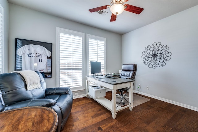 office area with a ceiling fan, visible vents, baseboards, and wood finished floors