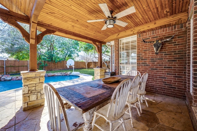 view of patio / terrace with a fenced backyard, a fenced in pool, and a ceiling fan