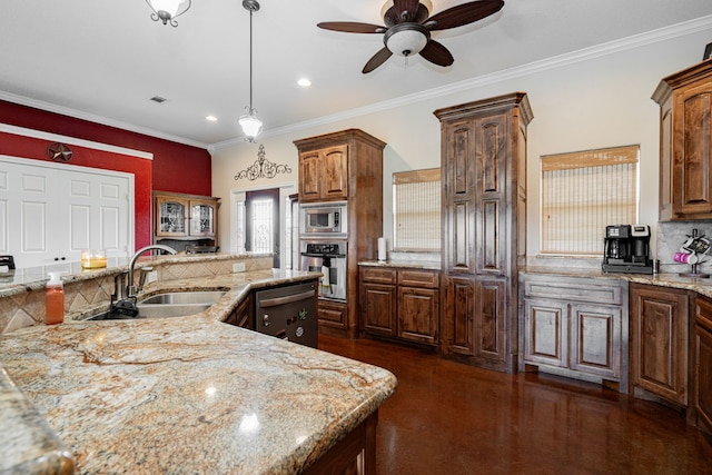 kitchen with stainless steel appliances, a sink, ornamental molding, light stone countertops, and tasteful backsplash