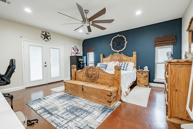 bedroom featuring recessed lighting, french doors, visible vents, and ceiling fan