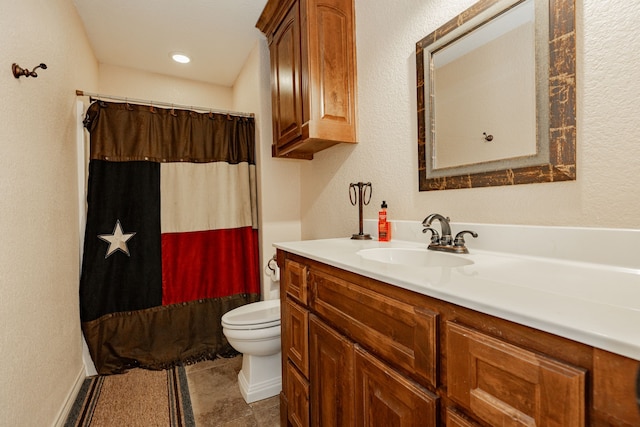 full bath with toilet, recessed lighting, shower / bath combination with curtain, and vanity