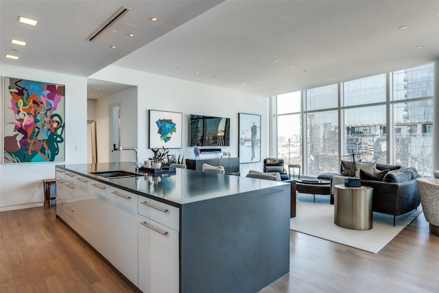 kitchen featuring dark countertops, dark wood finished floors, open floor plan, and a sink