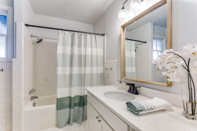 full bath featuring shower / bath combination with curtain and vanity