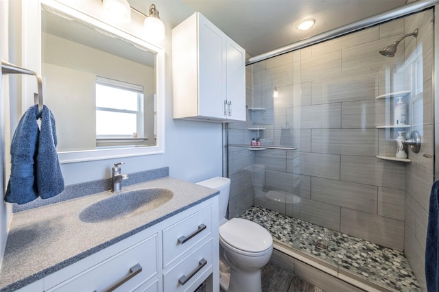 full bathroom featuring a stall shower, vanity, and toilet