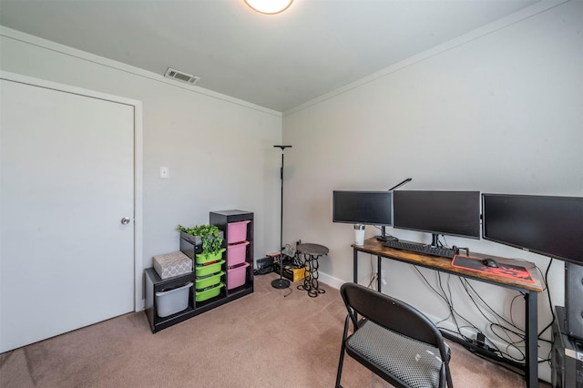 office space featuring visible vents, crown molding, and carpet flooring