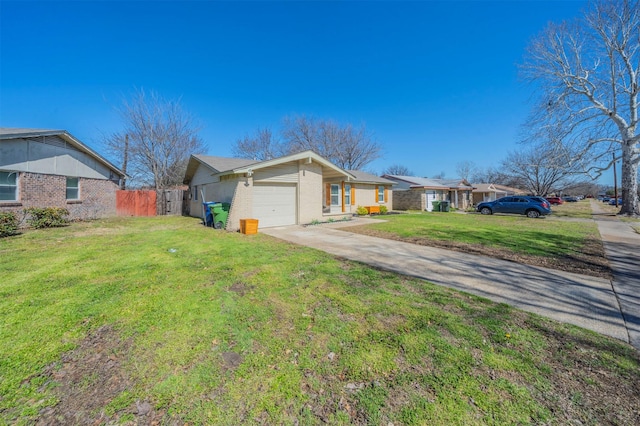 view of front of house with brick siding, fence, concrete driveway, and a front yard