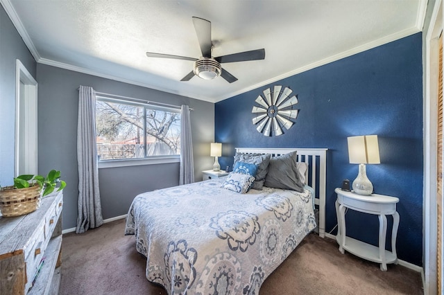 bedroom featuring ceiling fan, carpet floors, ornamental molding, and baseboards