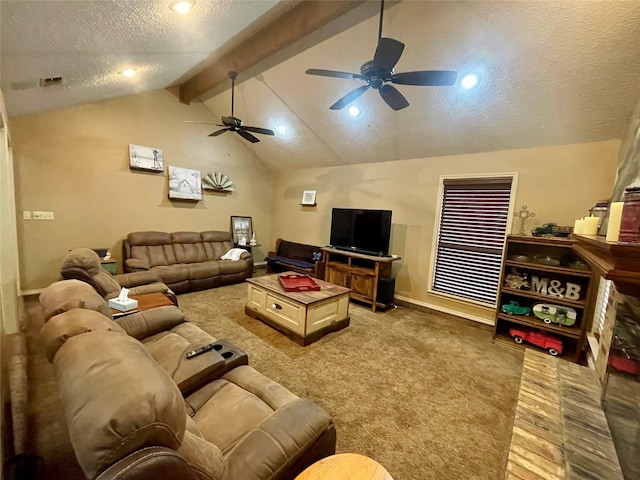 living area featuring carpet floors, lofted ceiling with beams, ceiling fan, a textured ceiling, and baseboards