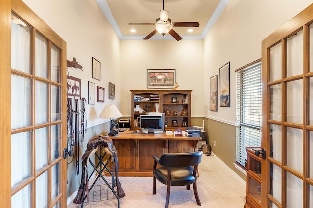 carpeted home office with recessed lighting, ornamental molding, a ceiling fan, and french doors