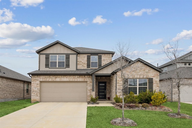 view of front of home with driveway, a front lawn, board and batten siding, and brick siding