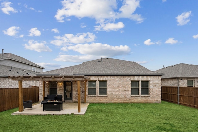 rear view of property with an outdoor fire pit, a patio, a fenced backyard, a pergola, and brick siding