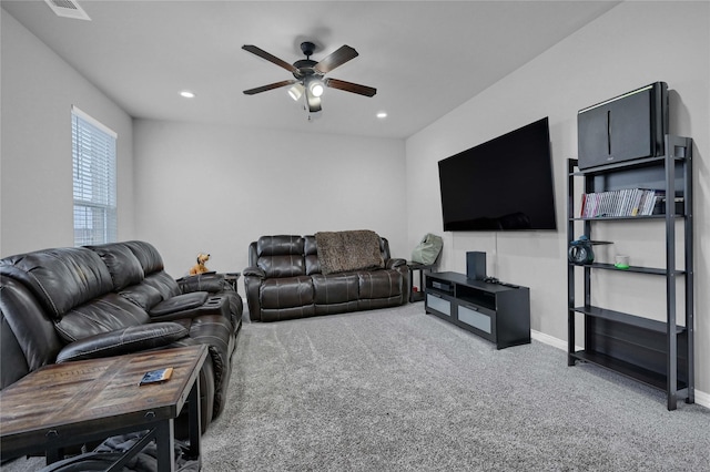 living room featuring carpet floors, recessed lighting, a ceiling fan, and baseboards