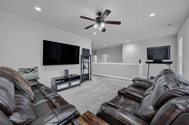 living room featuring ceiling fan, carpet floors, visible vents, and recessed lighting