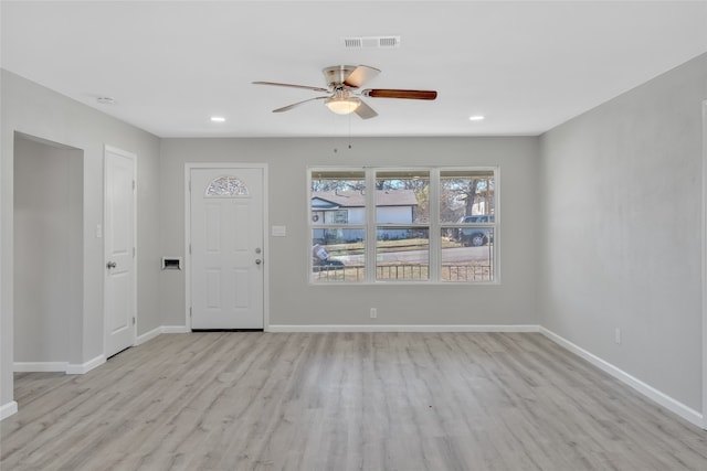 entryway featuring recessed lighting, visible vents, baseboards, and wood finished floors