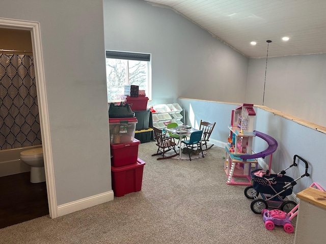 game room with lofted ceiling, baseboards, carpet flooring, and recessed lighting