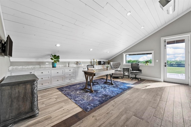 office space featuring recessed lighting, light wood-style flooring, vaulted ceiling, wooden ceiling, and baseboards