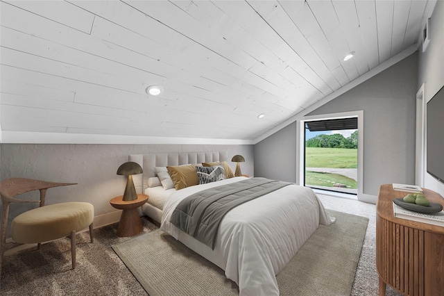 bedroom featuring baseboards, wood ceiling, access to exterior, vaulted ceiling, and recessed lighting