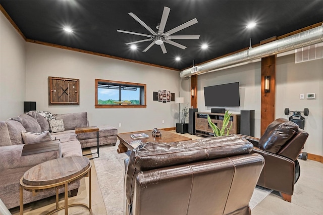 living area featuring baseboards, visible vents, a ceiling fan, and recessed lighting