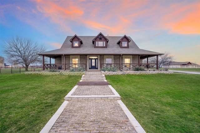 country-style home with covered porch, fence, a lawn, and brick siding