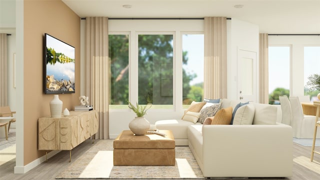 sitting room featuring a healthy amount of sunlight, light wood-style floors, and baseboards