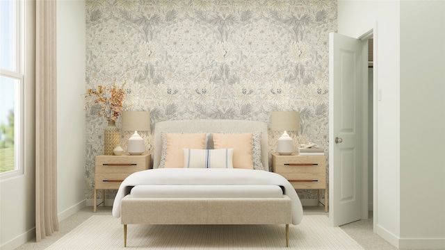 bedroom featuring wallpapered walls, multiple windows, carpet floors, and baseboards