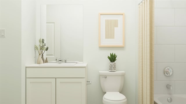 bathroom featuring toilet, shower / bathtub combination with curtain, and vanity