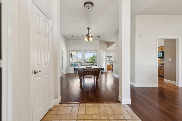 game room with ceiling fan, pool table, light wood-type flooring, and baseboards