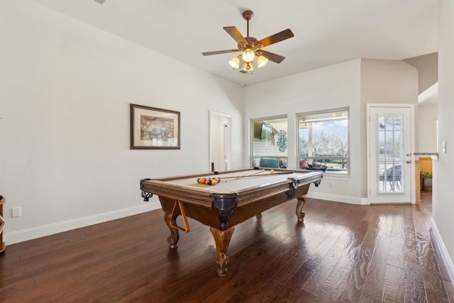 rec room featuring pool table, hardwood / wood-style flooring, baseboards, and ceiling fan