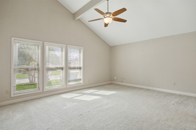 empty room featuring high vaulted ceiling, carpet flooring, a ceiling fan, baseboards, and beam ceiling