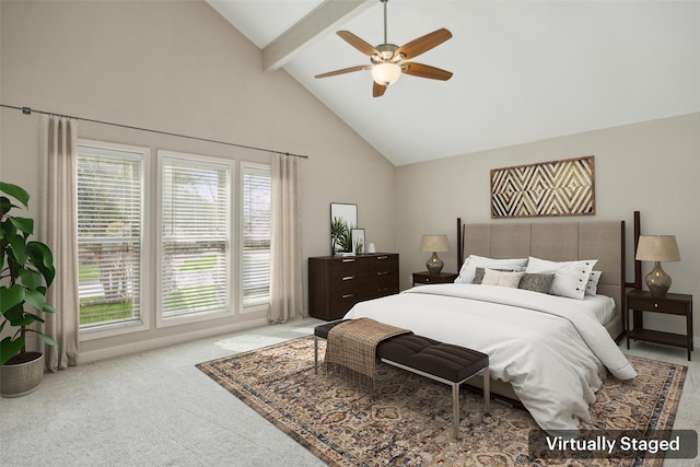 bedroom with carpet floors, beamed ceiling, high vaulted ceiling, and a ceiling fan