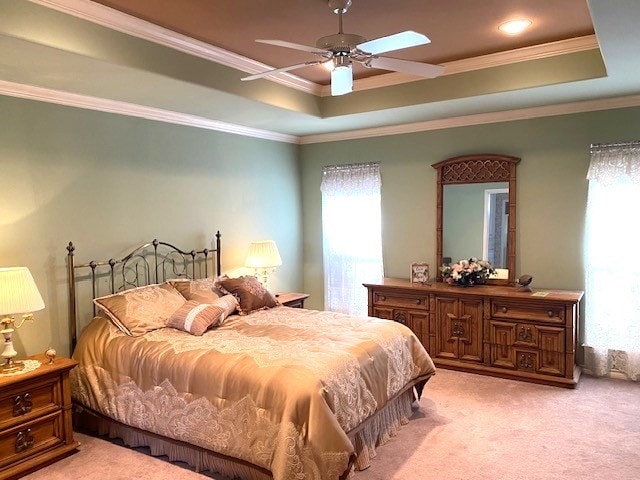 bedroom featuring light colored carpet, a tray ceiling, multiple windows, and crown molding