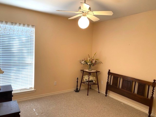 interior space with baseboards, a ceiling fan, and light colored carpet