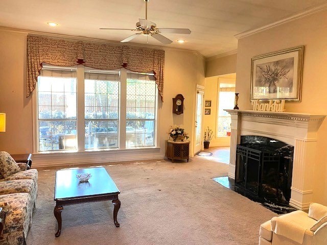 608 Paloma St, Tyler, TX 75703 - living room featuring ornamental molding, a ceiling fan, carpet, and a fireplace with flush hearth