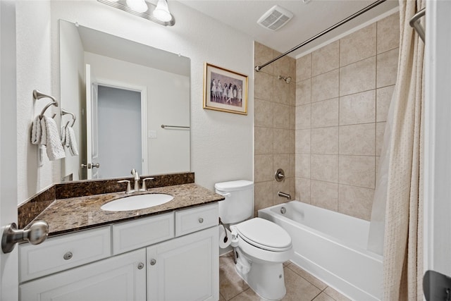 bathroom with tile patterned flooring, toilet, vanity, visible vents, and shower / bathtub combination with curtain