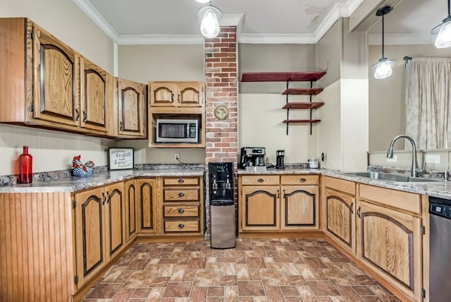 kitchen featuring brown cabinetry, appliances with stainless steel finishes, hanging light fixtures, crown molding, and a sink