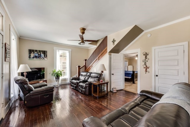 living area featuring hardwood / wood-style flooring, ceiling fan, stairway, and crown molding