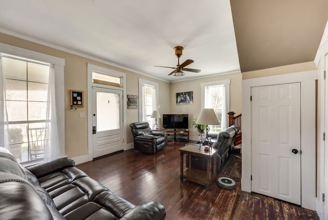 living room featuring dark wood-type flooring, ornamental molding, baseboards, and a ceiling fan