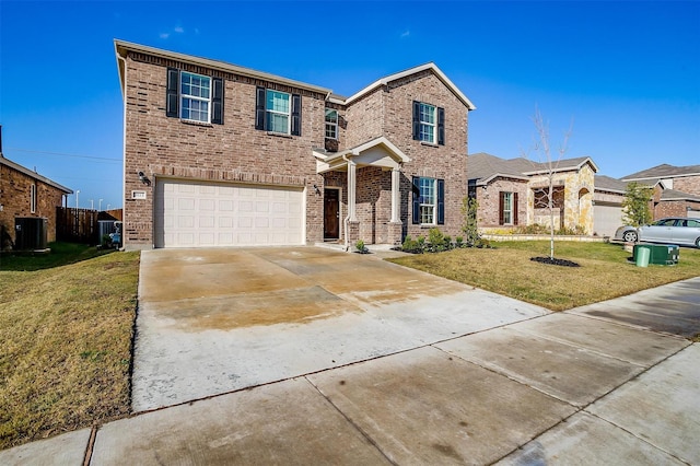 traditional home with cooling unit, concrete driveway, brick siding, and a front lawn