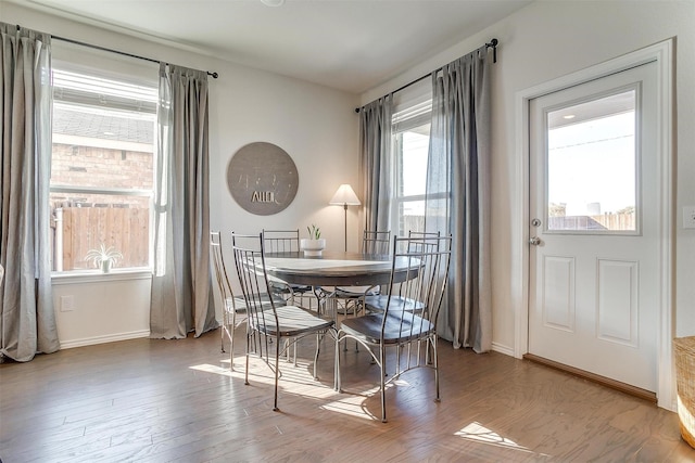 dining space with wood finished floors and baseboards