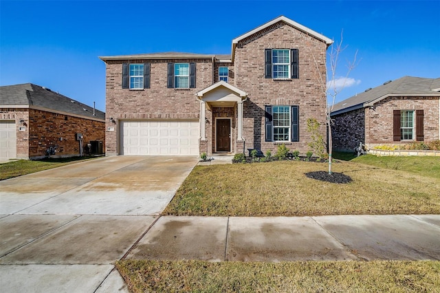 traditional home featuring brick siding, central air condition unit, concrete driveway, a front yard, and a garage