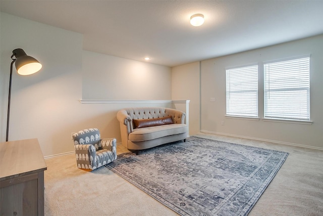 living area featuring baseboards and carpet flooring