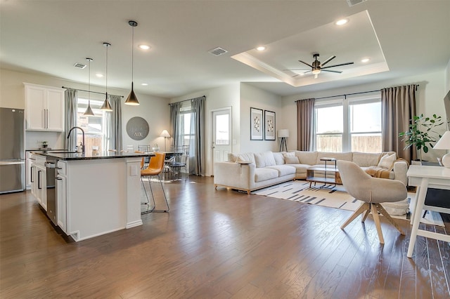 living area featuring plenty of natural light, visible vents, a raised ceiling, and dark wood-style flooring