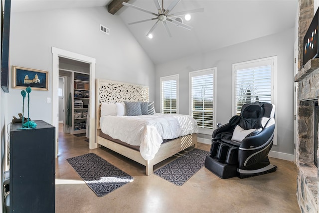 bedroom featuring visible vents, high vaulted ceiling, concrete flooring, beamed ceiling, and baseboards