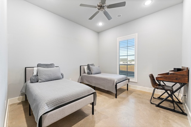 bedroom featuring a ceiling fan, recessed lighting, finished concrete flooring, and baseboards