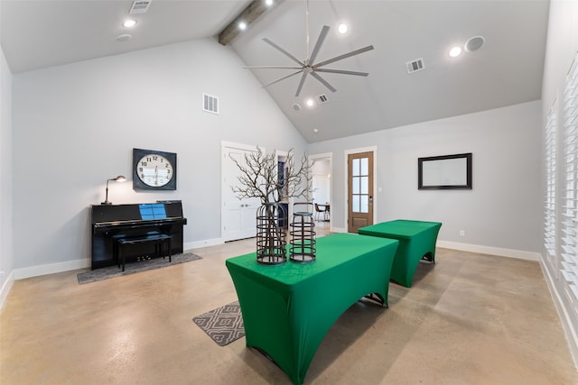 living room with concrete flooring, visible vents, high vaulted ceiling, and baseboards