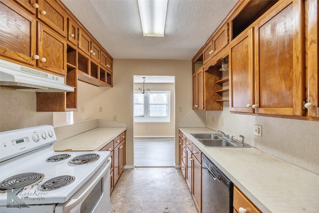 kitchen with dishwasher, white electric range, under cabinet range hood, open shelves, and a sink