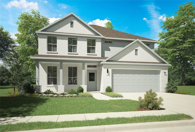 view of front facade featuring driveway, brick siding, a garage, and a front yard