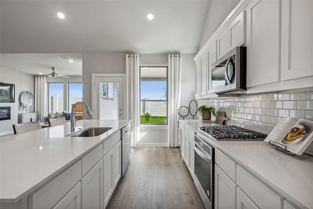 kitchen with appliances with stainless steel finishes, plenty of natural light, a sink, and tasteful backsplash