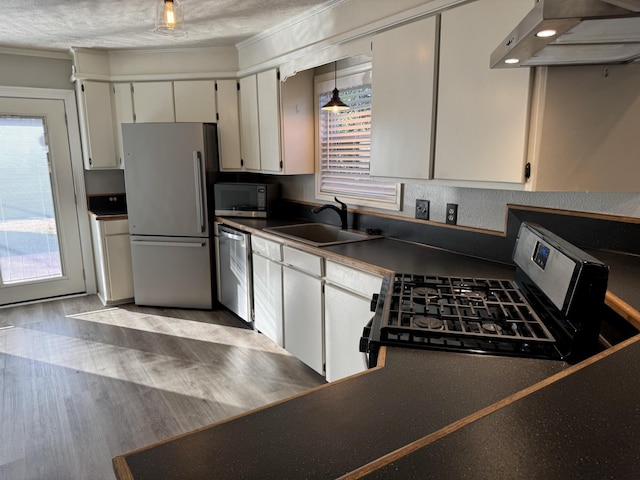 kitchen featuring stainless steel appliances, a sink, light wood-style floors, range hood, and dark countertops