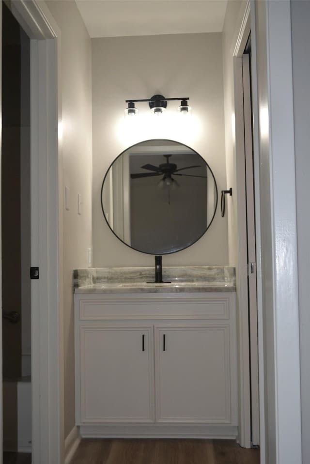 bathroom with wood finished floors and vanity